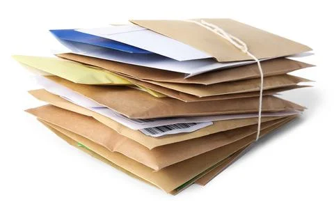 Stack of different paper envelopes isolated on white. Post office 写真素材