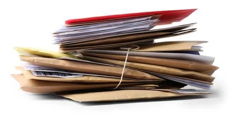 Stack of different paper envelopes isolated on white. Post office Foto stock