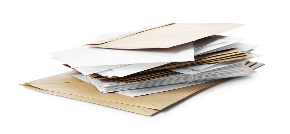 Stack of different paper envelopes on white background. Post office Foto stock