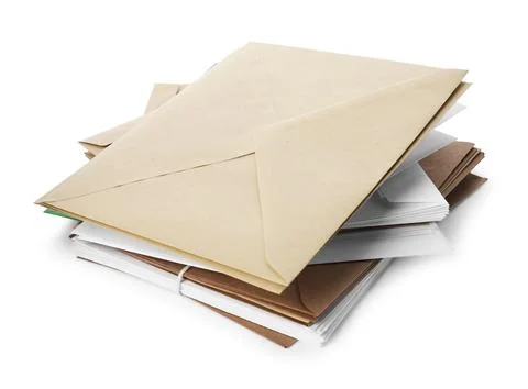 Stack of different paper envelopes on white background. Post office 写真素材
