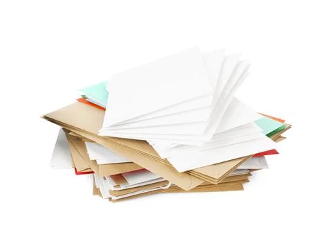 Stack of different paper envelopes on white background. Post office Foto stock