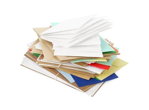 Stack of different paper envelopes on white background. Post office 写真素材