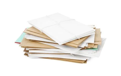 Stack of different paper envelopes on white background. Post office Foto stock