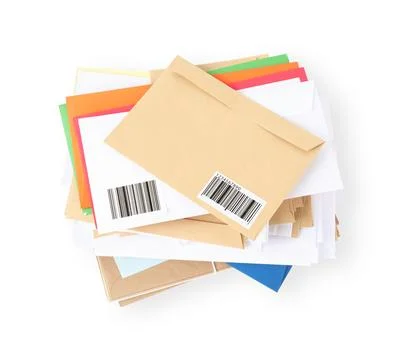 Stack of different paper envelopes on white background, top view. Post office Foto stock