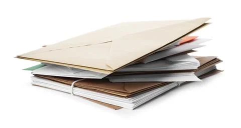 Stack of different paper envelopes on white background. Post office Foto stock