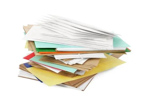 Stack of different paper envelopes on white background. Post office Foto stock
