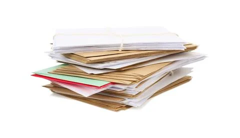 Stack of different paper envelopes on white background. Post office Foto stock