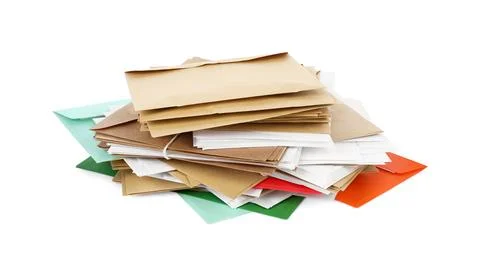 Stack of different paper envelopes on white background. Post office 写真素材