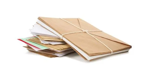 Stack of different paper envelopes on white background. Post office Foto stock