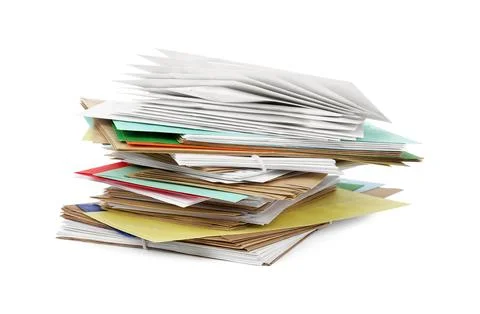 Stack of different paper envelopes on white background. Post office 写真素材