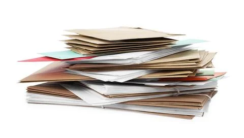 Stack of different paper envelopes on white background. Post office Foto stock
