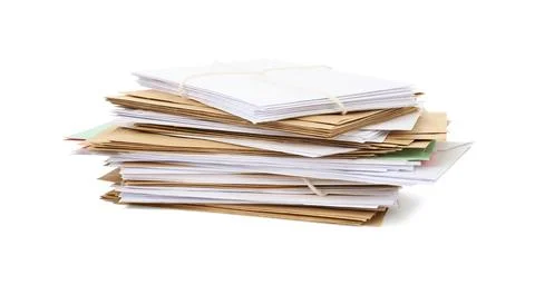Stack of different paper envelopes on white background. Post office 스톡 사진