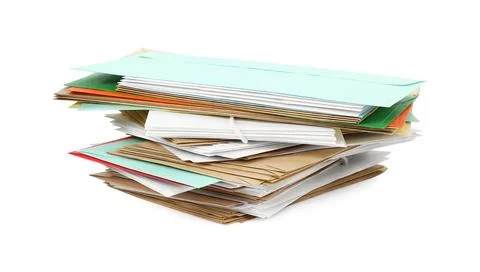 Stack of different paper envelopes on white background. Post office Foto stock
