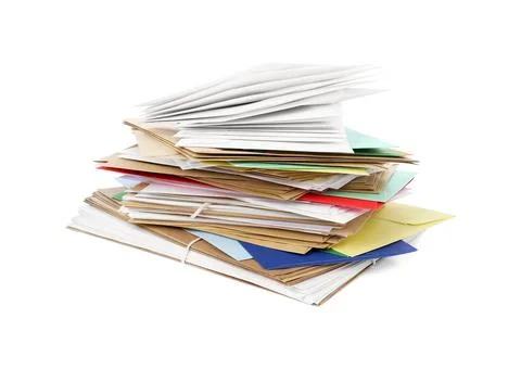 Stack of different paper envelopes on white background. Post office Foto stock