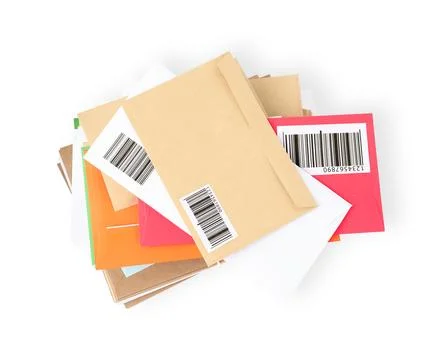 Stack of different paper envelopes on white background, top view. Post office 写真素材