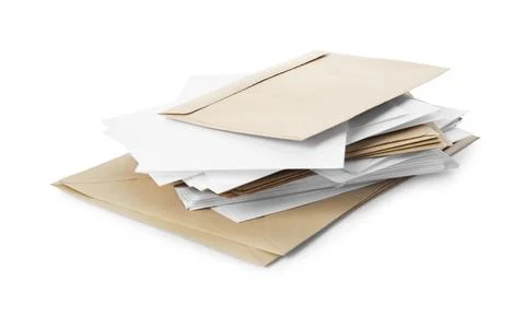 Stack of different paper envelopes on white background. Post office Foto stock