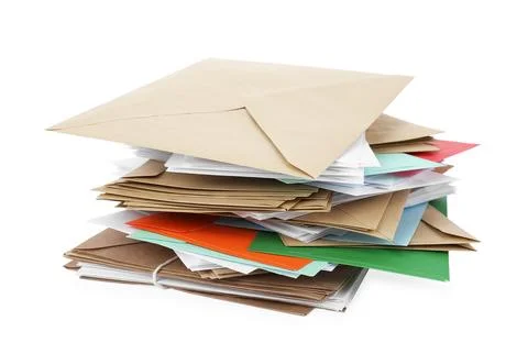 Stack of different paper envelopes on white background. Post office Foto stock