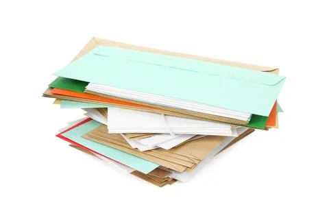 Stack of different paper envelopes on white background. Post office Foto stock