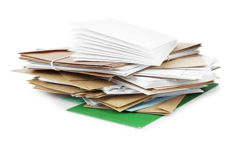 Stack of different paper envelopes on white background. Post office Foto stock