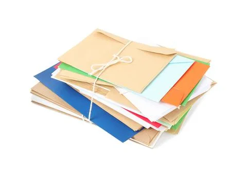 Stack of different paper envelopes on white background. Post office Foto stock