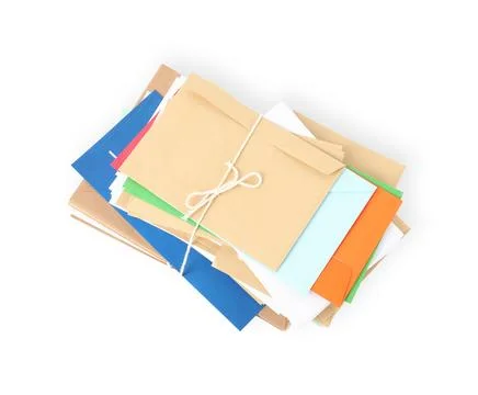 Stack of different paper envelopes on white background, top view. Post office Foto stock