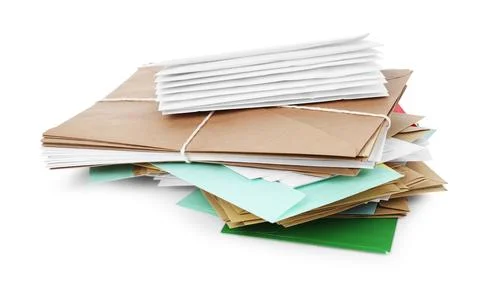 Stack of different paper envelopes on white background. Post office Foto stock