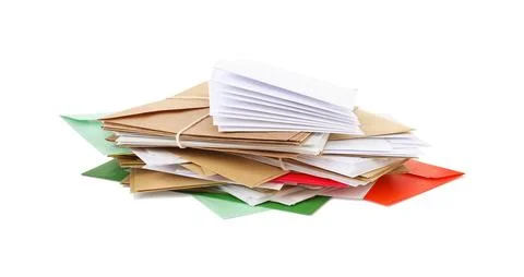 Stack of different paper envelopes on white background. Post office Foto stock