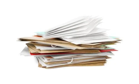 Stack of different paper envelopes on white background. Post office Foto stock