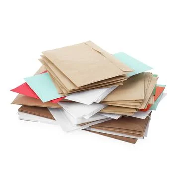Stack of different paper envelopes on white background. Post office Foto stock