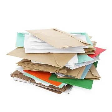 Stack of different paper envelopes on white background. Post office Foto stock