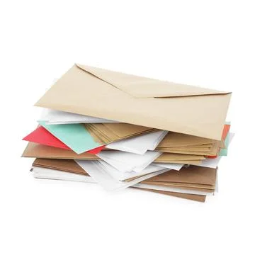 Stack of different paper envelopes on white background. Post office Foto stock