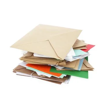 Stack of different paper envelopes on white background. Post office Foto stock