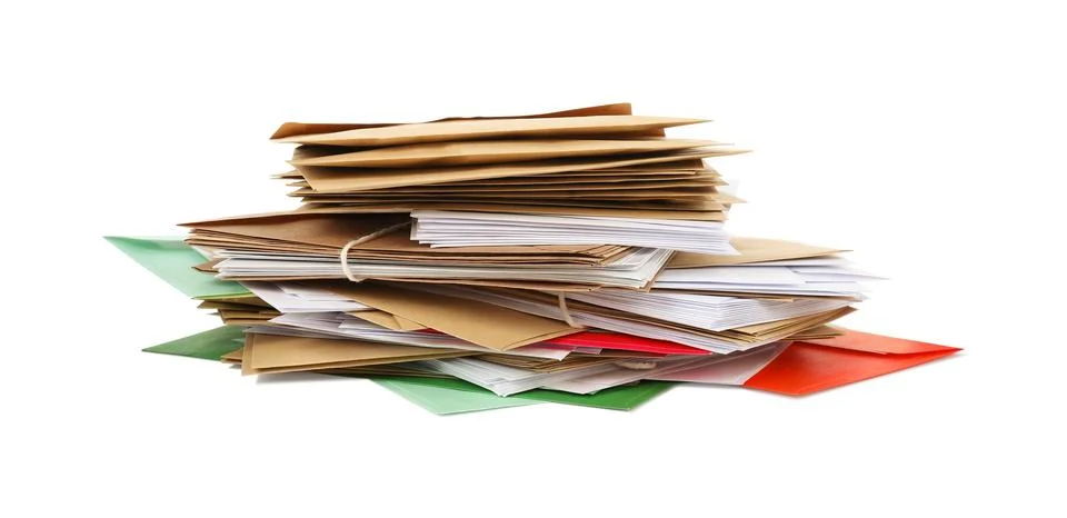 Stack of different paper envelopes on white background. Post office 스톡 사진