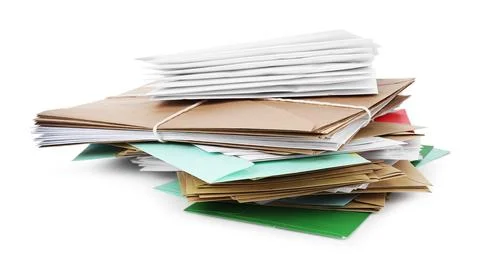 Stack of different paper envelopes on white background. Post office Foto stock