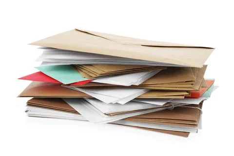Stack of different paper envelopes on white background. Post office 스톡 사진