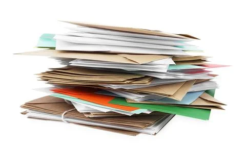 Stack of different paper envelopes on white background. Post office Foto stock