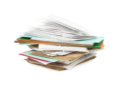 Stack of different paper envelopes on white background. Post office 写真素材