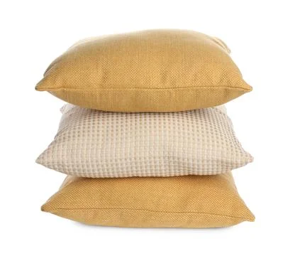 Stack of different pillows isolated on white 스톡 사진