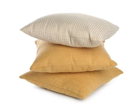 Stack of different pillows isolated on white 스톡 사진