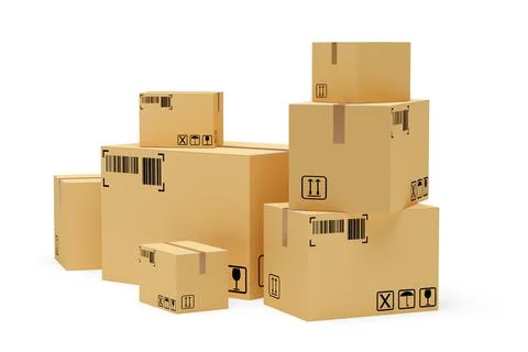 Stack of different sized carton cardboard delivery boxes over white backgroun Stock Illustration