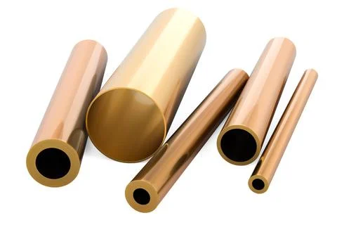 Stack of different sizes round pipes from copper, bronze or brass. Cold ro... Stock-Fotos