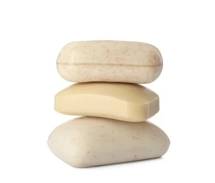 Stack of different soap bars on white background 스톡 사진
