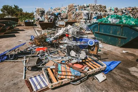 Stack of different types of garbage at city dump Stock Photos