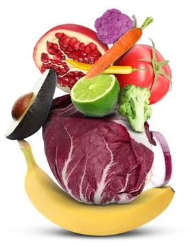 Stack of different vegetables and fruits isolated on white Stockfoto's