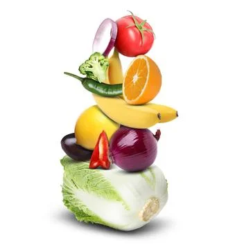 Stack of different vegetables and fruits isolated on white 스톡 사진