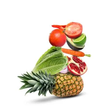 Stack of different vegetables and fruits isolated on white 스톡 사진