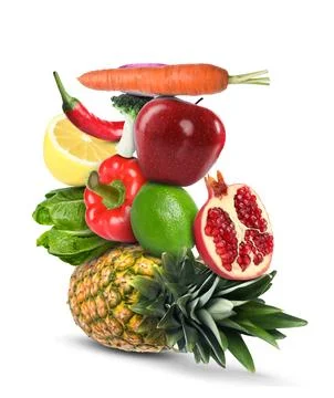 Stack of different vegetables and fruits isolated on white 스톡 사진