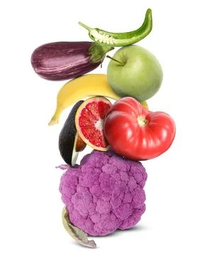 Stack of different vegetables and fruits isolated on white Stockfoto's