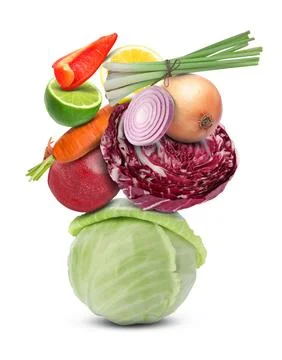 Stack of different vegetables and fruits isolated on white Foto stock