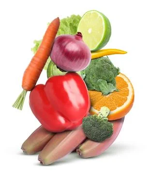 Stack of different vegetables and fruits isolated on white Foto stock